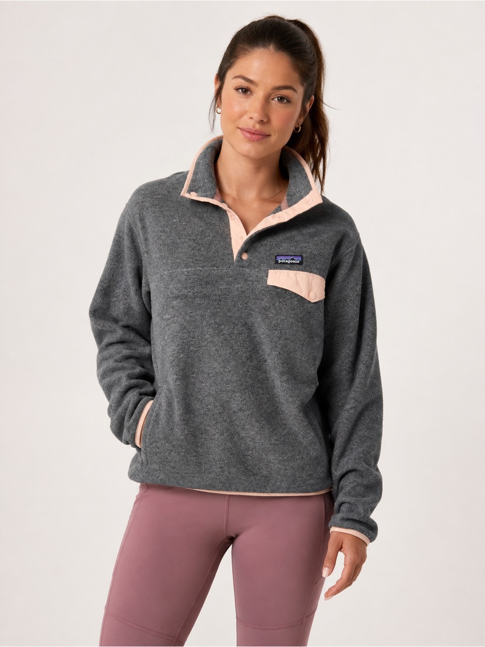 Patagonia Synchilla Gray Pullover Fleece with Pale Pink Trim